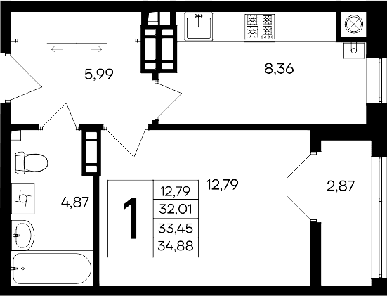 1-комн., 32.01 м²