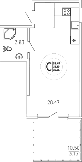 Студия, 32.1 м²