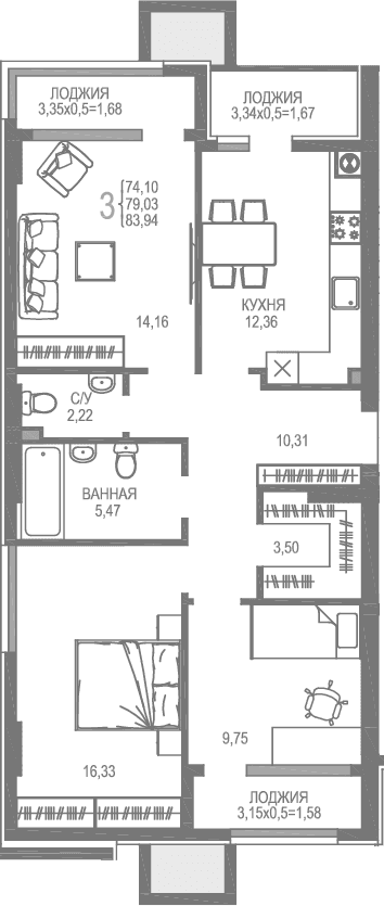 3-комн., 74.1 м²
