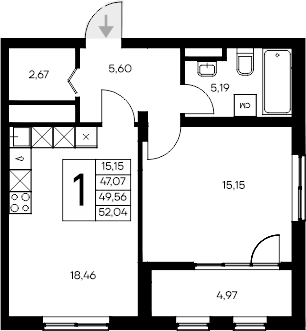 1-комн., 47.07 м²