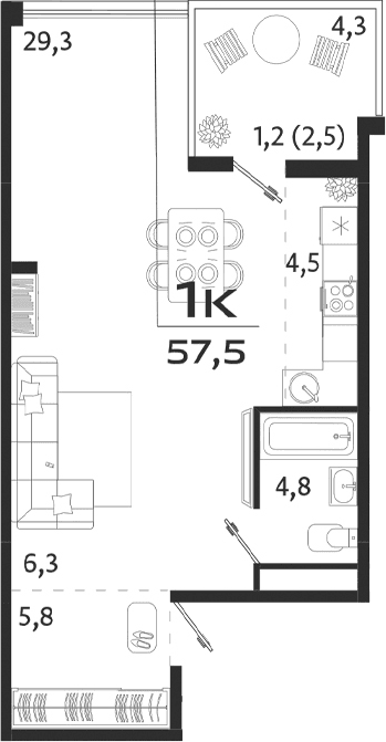 Студия, 50.7 м²