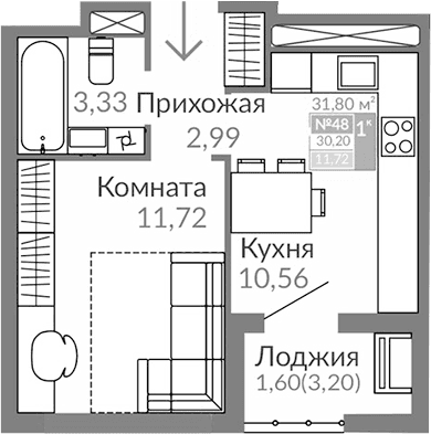 1-комн., 28.6 м²