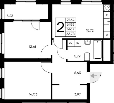 2-комн., 61.55 м²