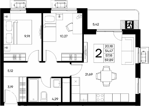 2-комн., 54.47 м²