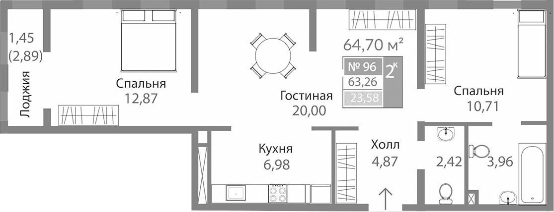 2-комн., 61.81 м²
