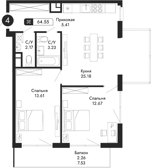 3-комн., 62.29 м²