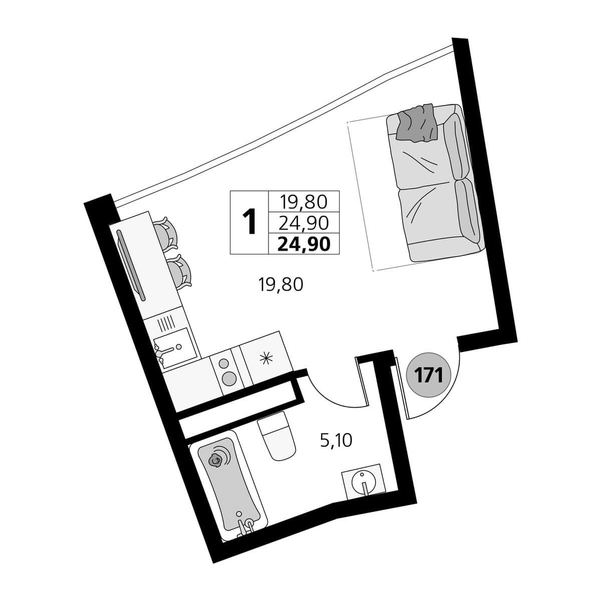 Студия, 24.9 м²
