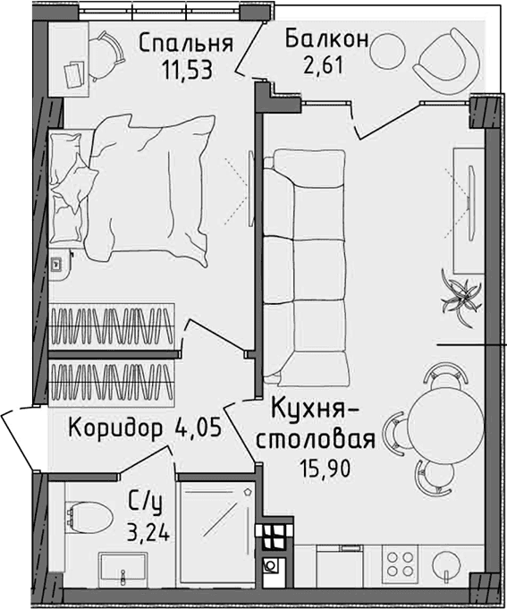 2-комн., 33.4 м²