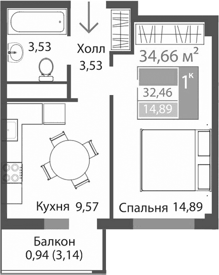1-комн., 31.52 м²