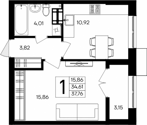 1-комн., 34.61 м²