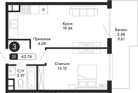 2-комн., 40.86 м²