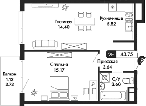 2-комн., 42.63 м²