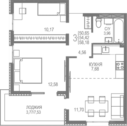 3-комн., 54.41 м²