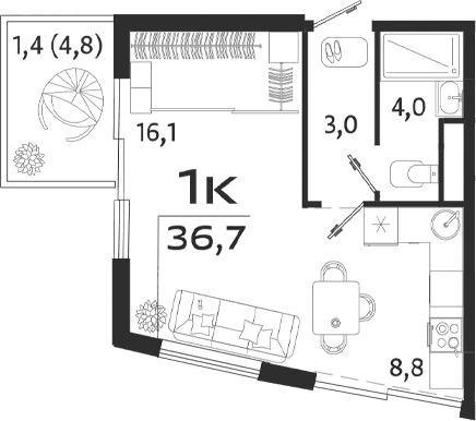 Студия, 31.9 м²