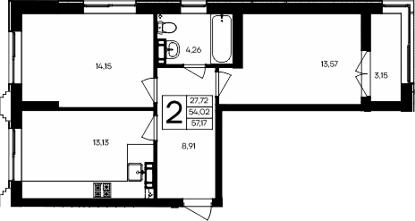 2-комн., 54.02 м²