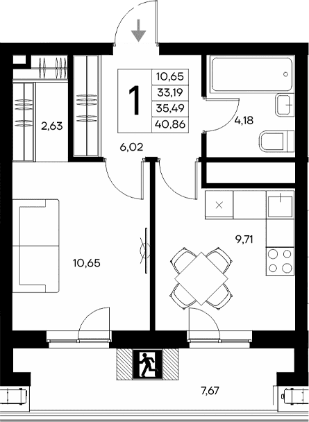1-комн., 33.19 м²