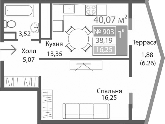 1-комн., 38.19 м²