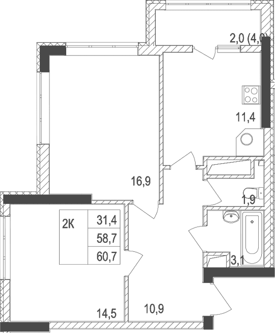 2-комн., 58.7 м²