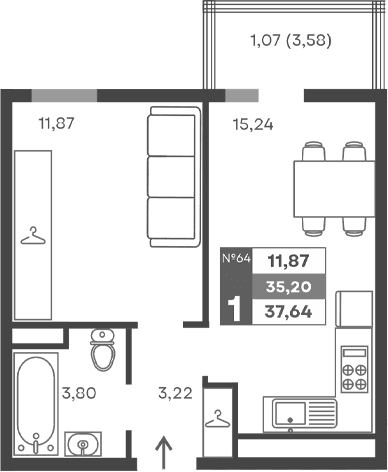 1-комн., 34.13 м²