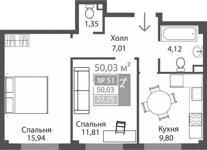 2-комн., 50.03 м²