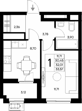 1-комн., 30.45 м²