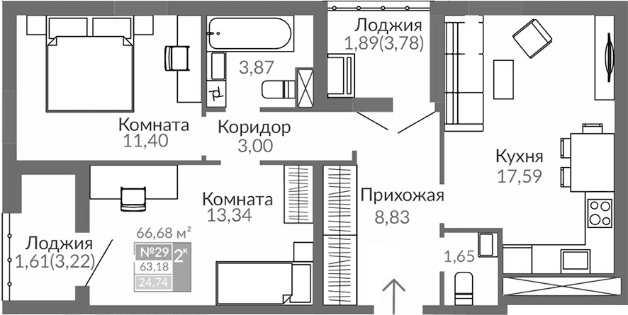 2-комн., 59.68 м²