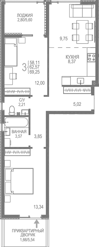 2-комн., 64.79 м²