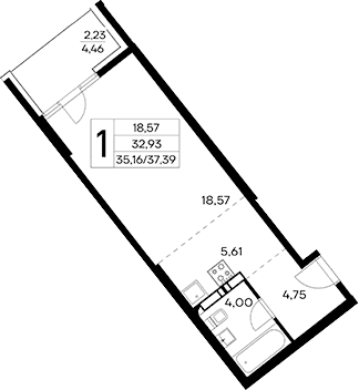 Студия, 35.16 м²