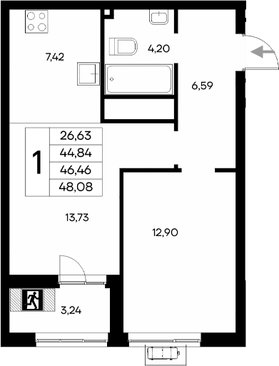 1-комн., 44.84 м²