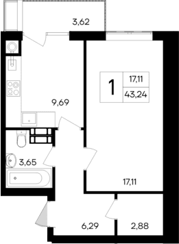 1-комн., 39.62 м²