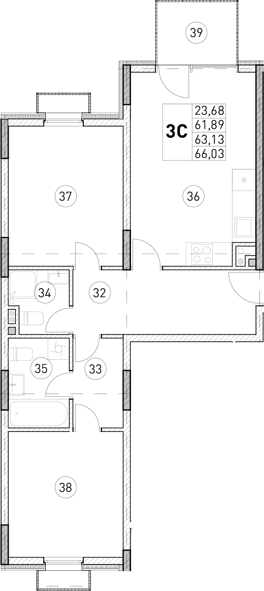 2-комн., 61.89 м²