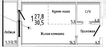 Студия, 27.8 м²
