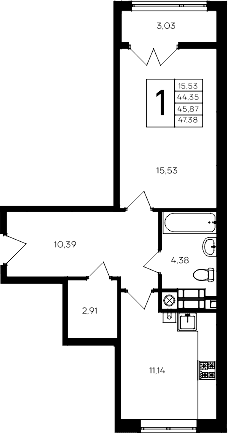 1-комн., 44.35 м²