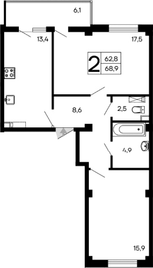 2-комн., 62.8 м²