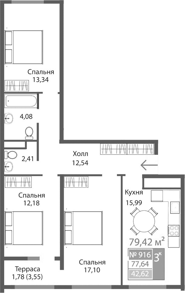 3-комн., 77.64 м²