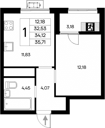 1-комн., 32.53 м²