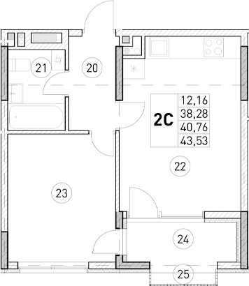 1-комн., 38.28 м²