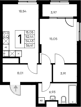 1-комн., 52.44 м²