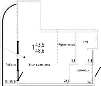 Студия, 43.5 м²