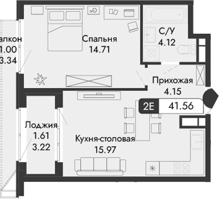 2-комн., 38.95 м²
