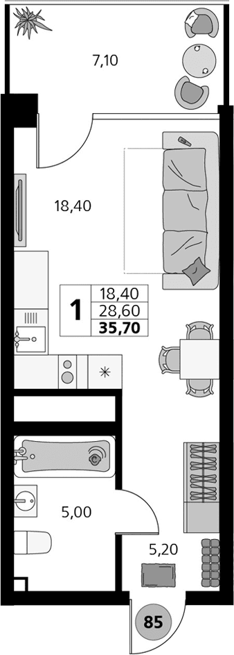 Студия, 28.6 м²