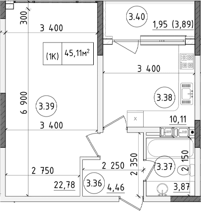 1-комн., 53.71 м²
