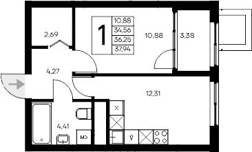 1-комн., 34.56 м²