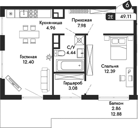 2-комн., 46.25 м²