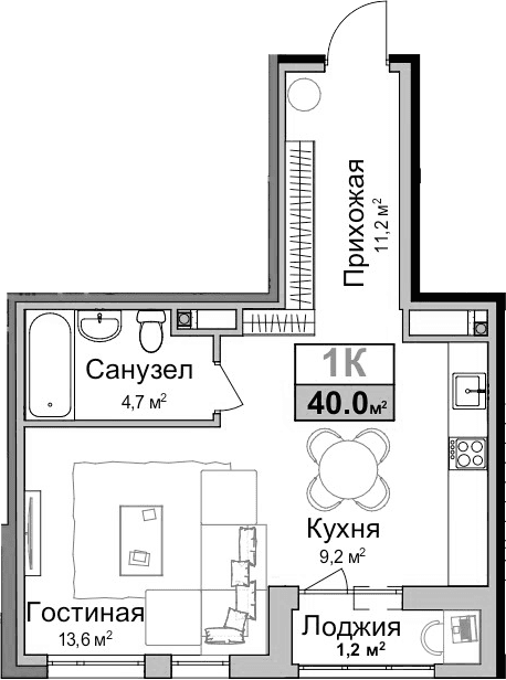 Студия, 38.8 м²