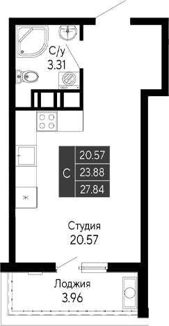 Студия, 23.88 м²