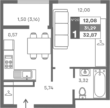 1-комн., 29.71 м²