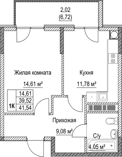 1-комн., 39.52 м²