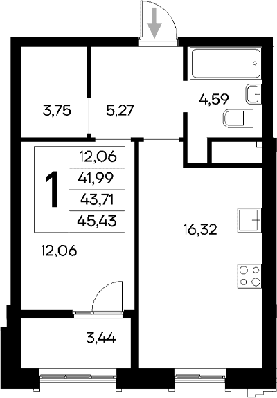 1-комн., 41.99 м²