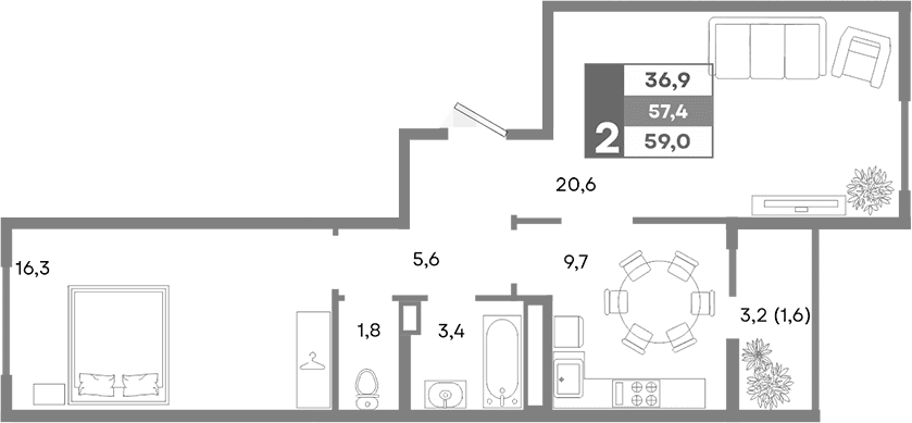 2-комн., 57.4 м²